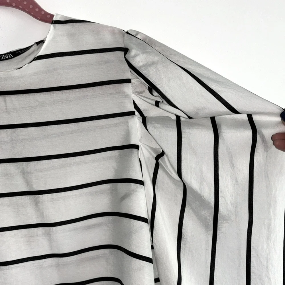 Zara white w/ black stripe long sleeve puff shoulder blouse, size M